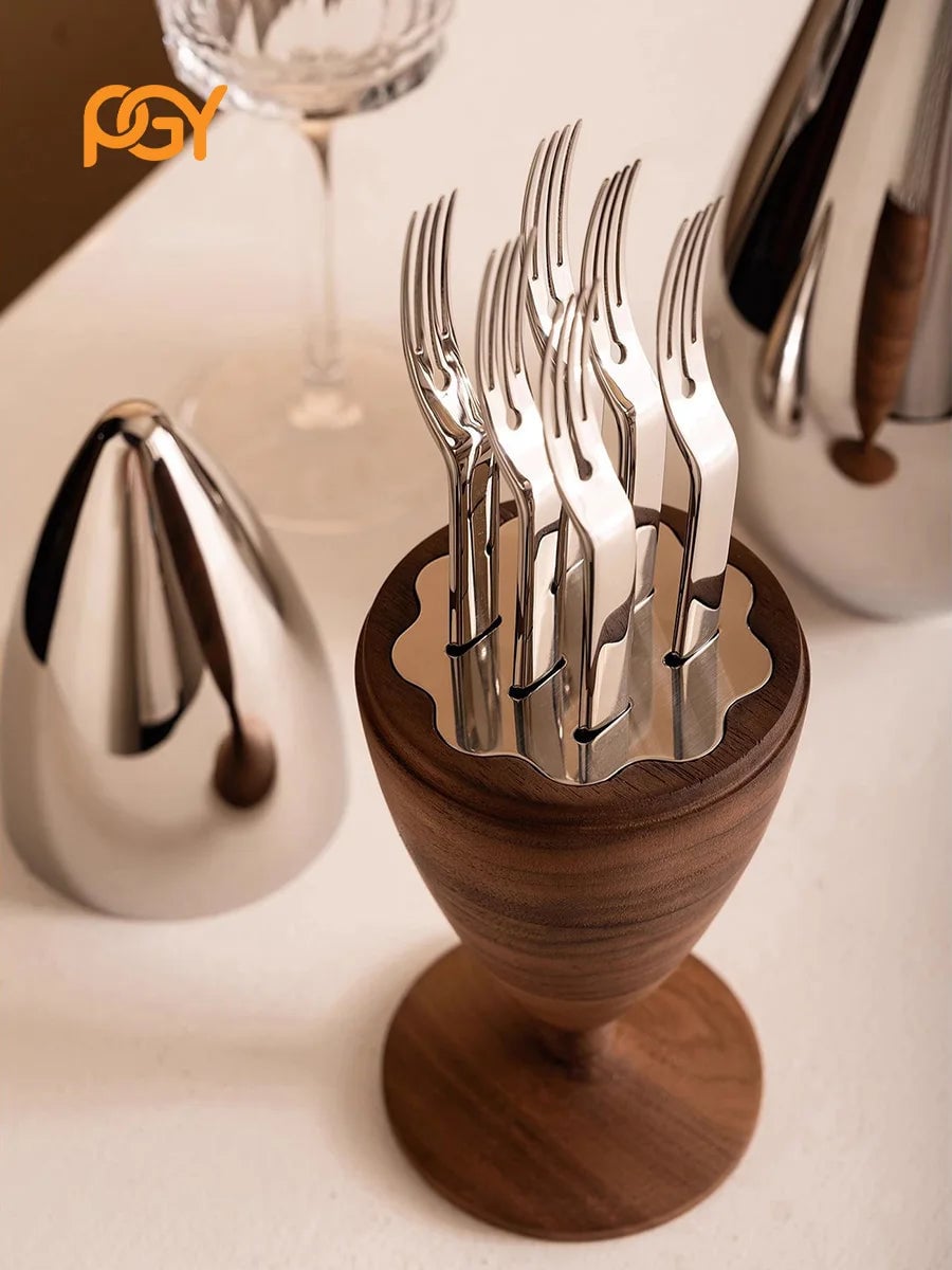 Stainless Steel Fruit Forks Set of 6 with Holder - Small Dessert