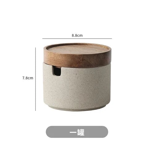 Round Ceramic Spice Jar with Wooden Lid - Salt Pepper Storage