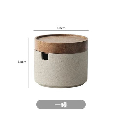 Round Ceramic Spice Jar with Wooden Lid - Salt Pepper Storage