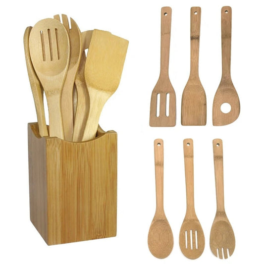 6-Piece Bamboo Spoon Spatula Set - Wooden Kitchen Utensils Mixing
