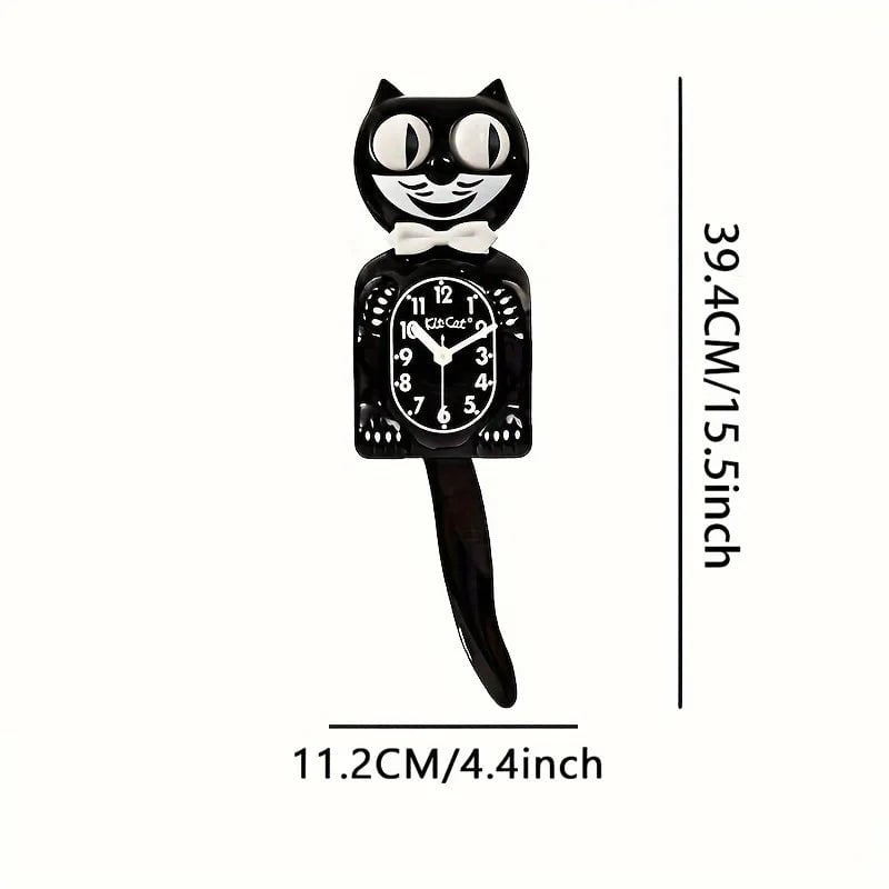 2D Cartoon Cat Wall Clock Silent Movement Swinging Tail Glass Mirror