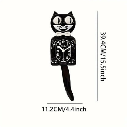 2D Cartoon Cat Wall Clock Silent Movement Swinging Tail Glass Mirror