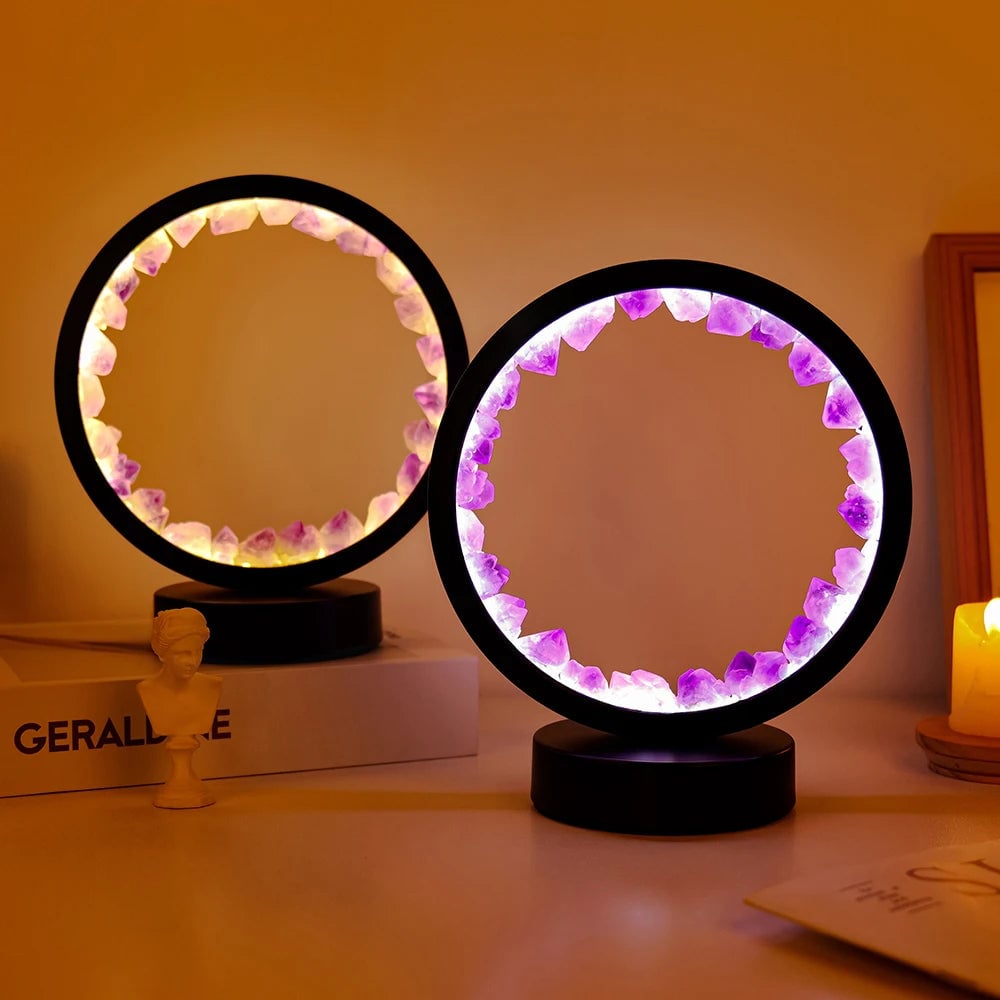 LED Crystal Amethyst Healing Stone Lamp - Natural Round Gemstone