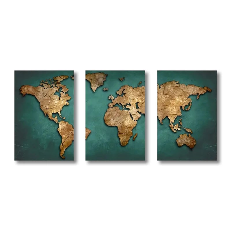 Retro World Map 3-Piece Canvas Wall Art Set Nordic Home Decor Posters
