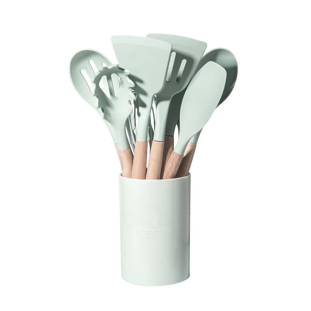 12-Piece Silicone Kitchen Utensils Set with Wooden Handles