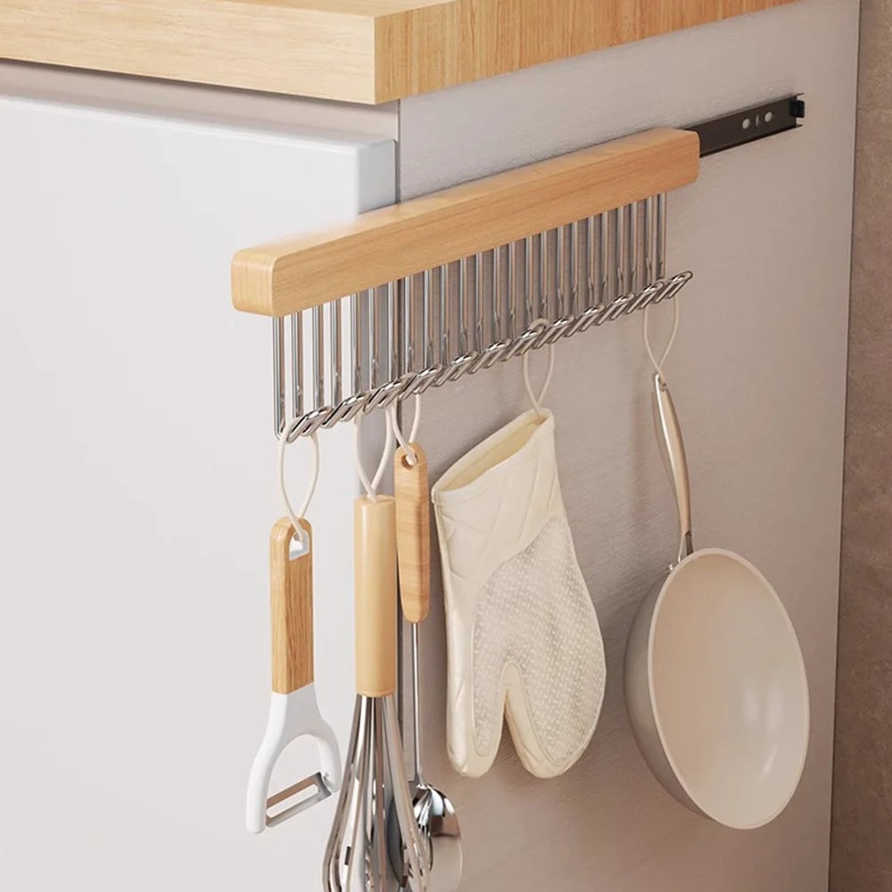 8/12 Hook Retractable Wood Clothes Hanger Wall-Mounted Organizer