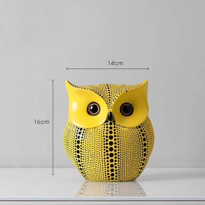 Yellow Wave Point Owl Pumpkin Figurine - Bird Statue Ornament Decor