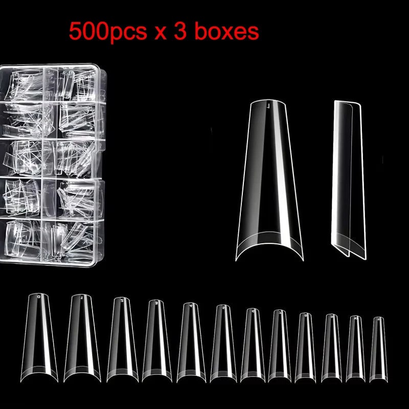 500Pcs French Coffin Nail Tips Acrylic Clear 10 Sizes Storage Box