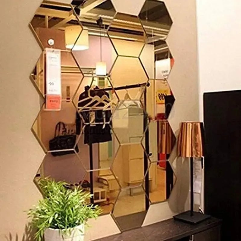 Hexagon 3D Acrylic Mirror Wall Stickers 6/12pc Self Adhesive DIY