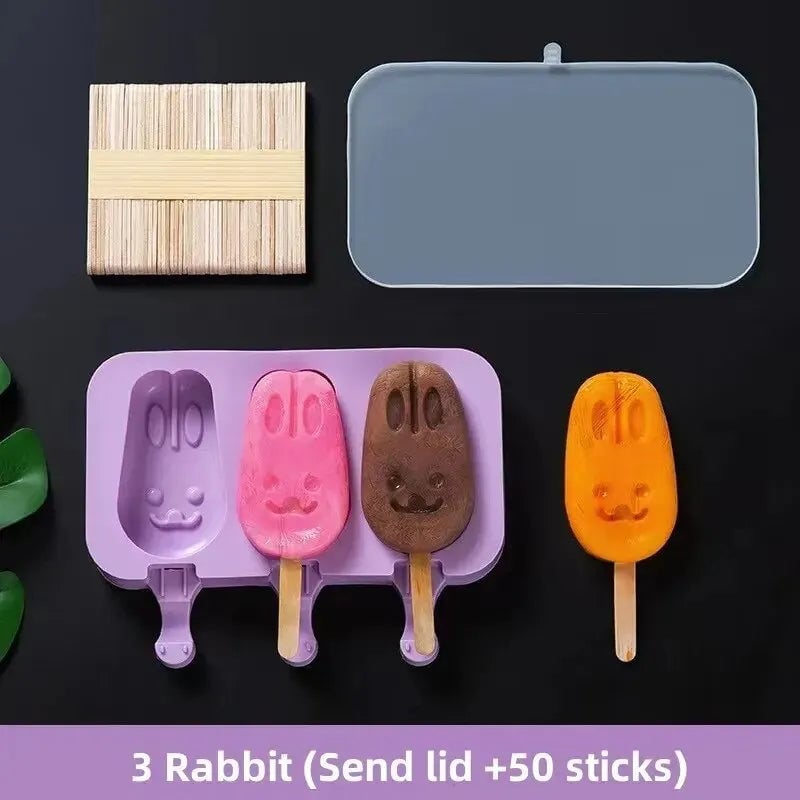 Silicone Ice Cream Popsicle Molds with Lid - DIY Cartoon Ice Lolly