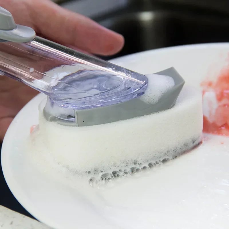 Long Handle Dish Brush with Automatic Liquid Dispenser & Sponge