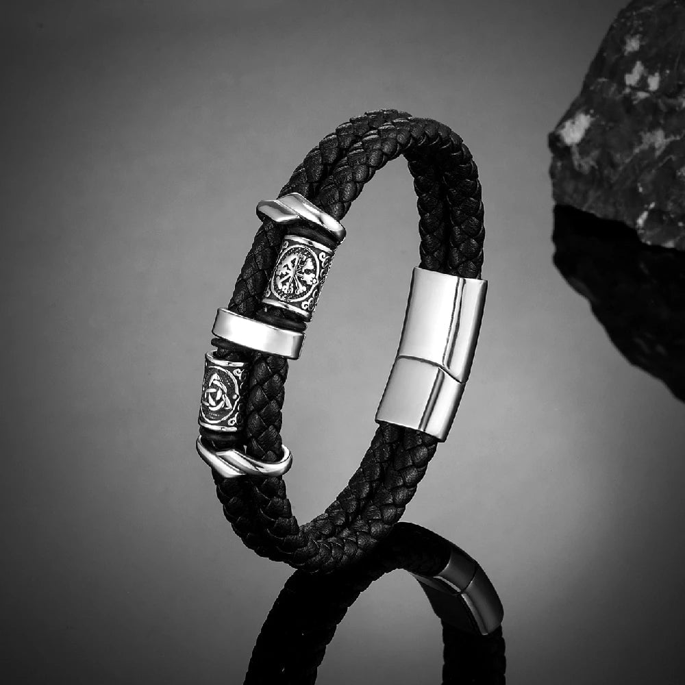 Norse Runes Genuine Leather Braided Bracelet Stainless Steel Beads