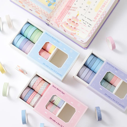 20 Rolls Thin Washi Tape Set - Simple Masking Tape for DIY Crafts