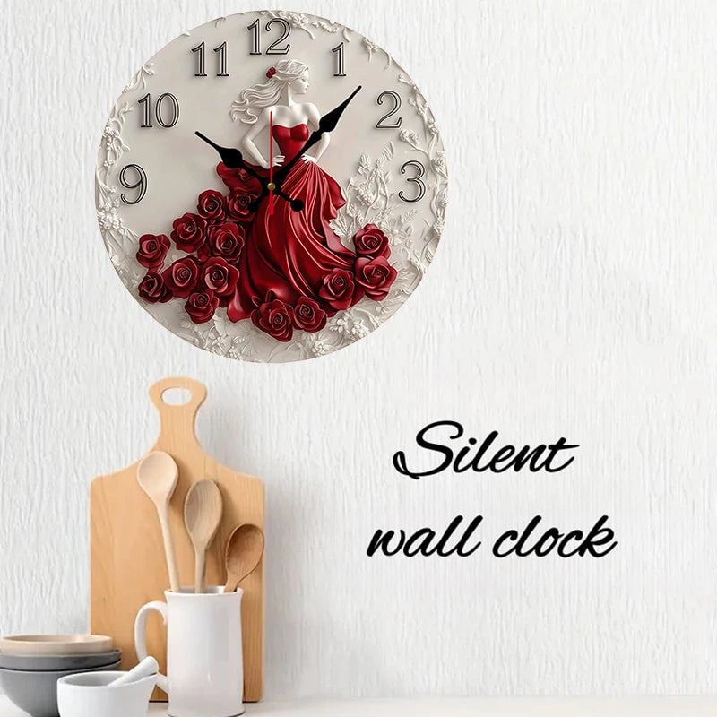Woman Red Roses Wooden Round Silent Wall Clock - Home Decoration
