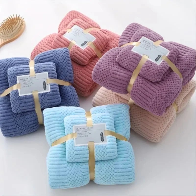 Lucky Grid Coral Fleece Bath Towel Set - Quick-Dry Absorbent