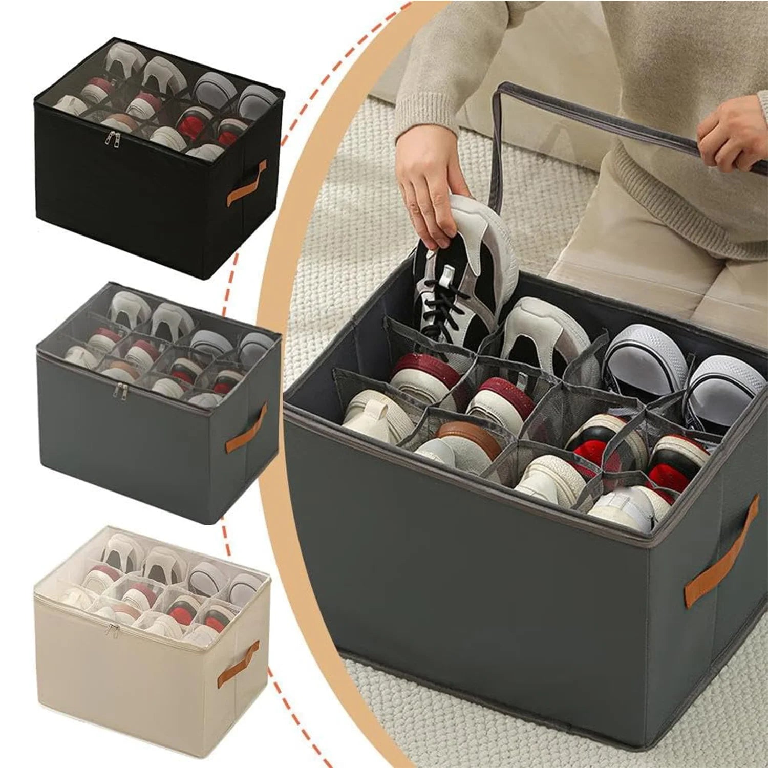Collapsible Fabric Shoe Storage Bin with Clear Cover & Handles
