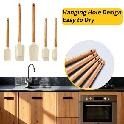 Silicone Cake Scraper Set with Wooden Handle - Baking Spatula Kit