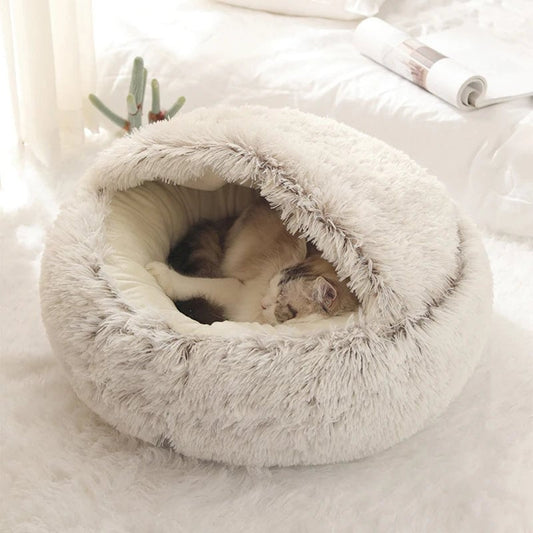 Round Plush Pet Cave Bed - Warm Sleeping Nest for Cats & Dogs