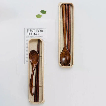 3-Piece Natural Wooden Cutlery Set - Spoon Fork Chopsticks With Box