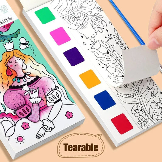 12-Sheet Portable Watercolor Book with Brush - Kids Art Set