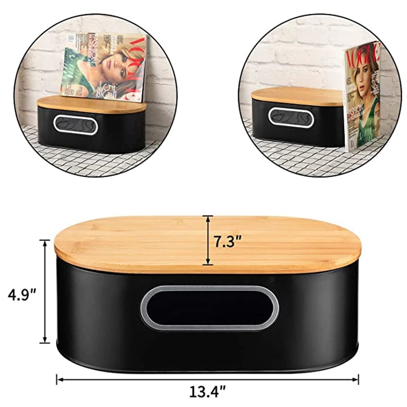 Large Black Bread Box with Bamboo Lid Cutting Board Kitchen Storage