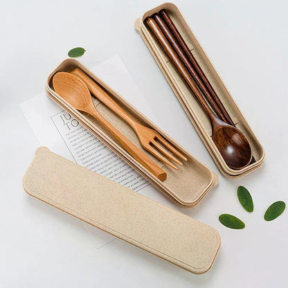 3-Piece Natural Wooden Cutlery Set - Spoon Fork Chopsticks With Box