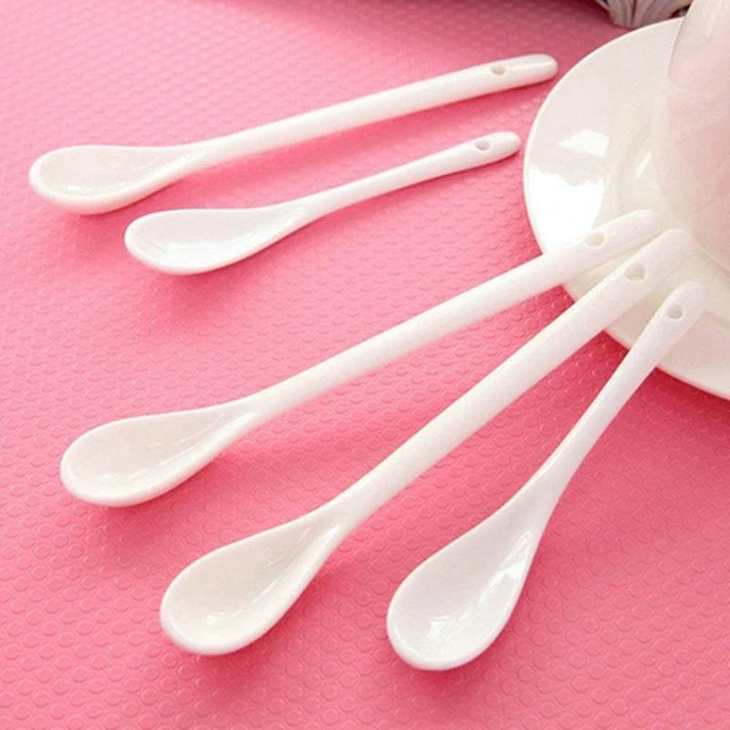 5PCS White Porcelain Egg Spoons - Ceramic Coffee Dessert Spoons