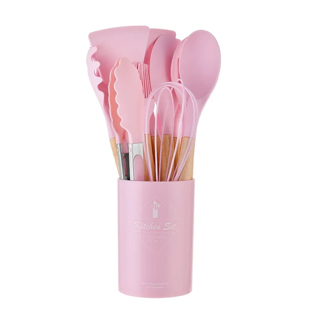 12PC Silicone Kitchen Utensils Set Non-Stick Wooden Handle Spatula