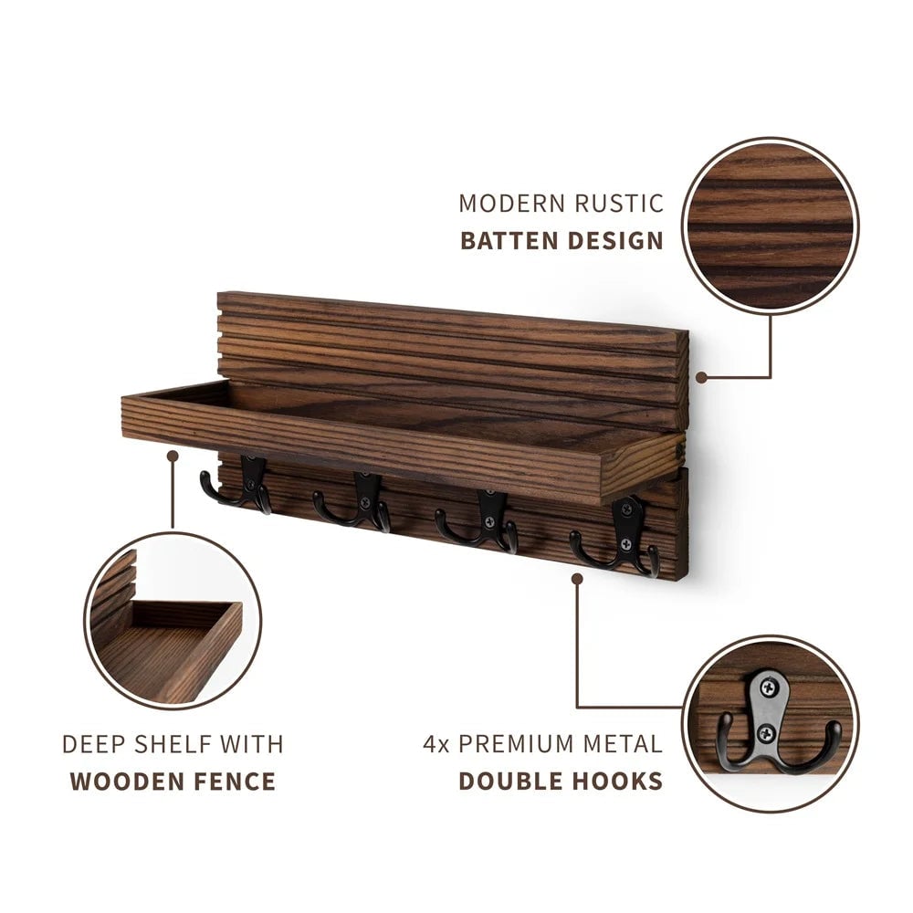 Wooden Wall Mount Key Holder Mail Organizer 4 Hooks Rustic Entryway