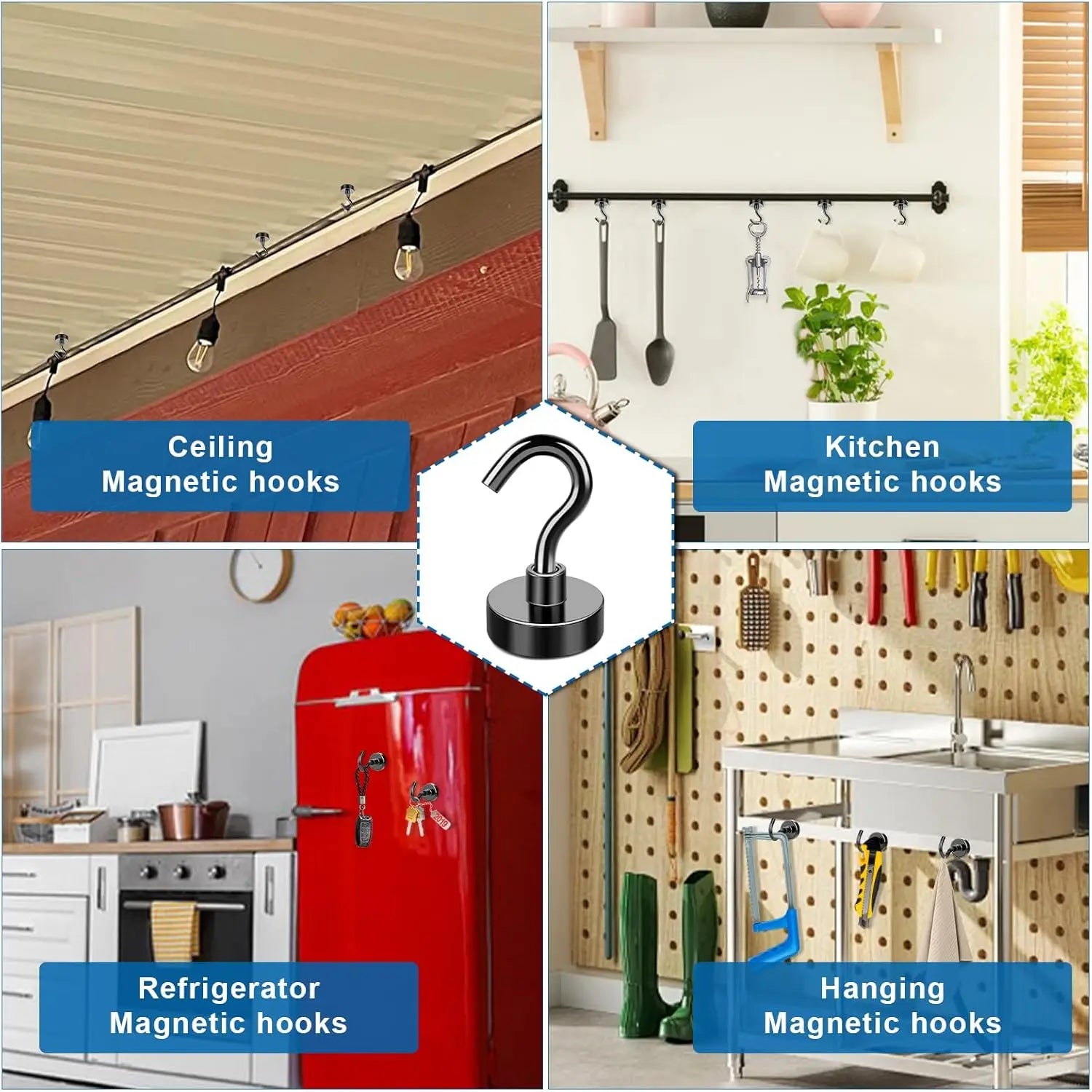 Heavy Duty Magnetic Hooks Black 4/6/8/12 Pack Home Office Hanging
