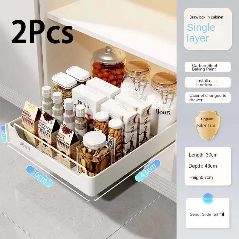 Pull Out Kitchen Storage Drawer with Slide Rails - Spice Organizer