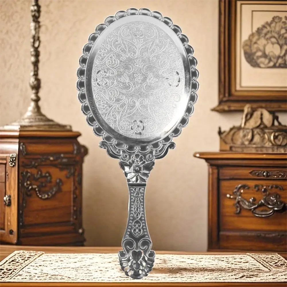 Vintage Oval Round Handheld Makeup Mirror Patterned Beauty Tool
