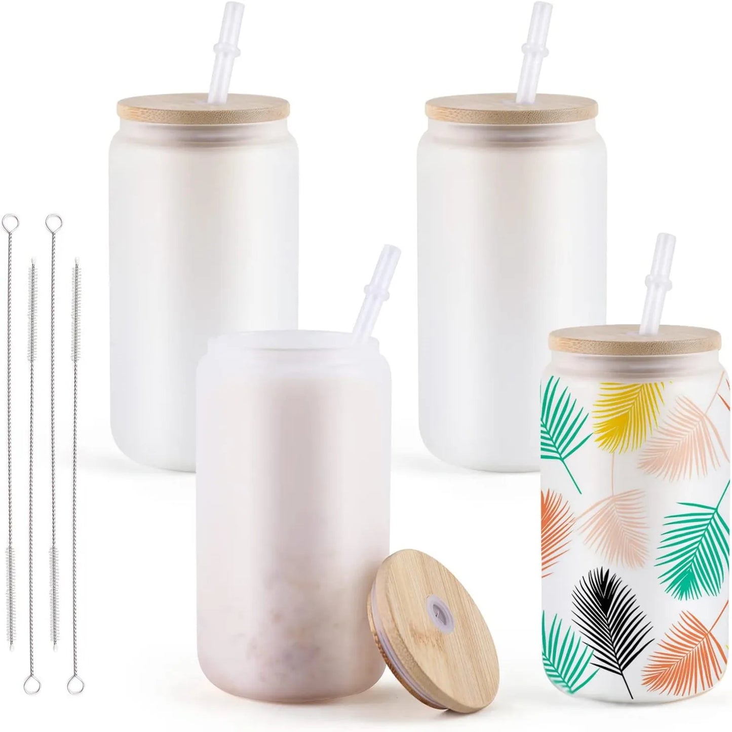 16OZ Glass Sublimation Tumblers 4/8 Pack Clear/Frosted Bamboo Lid