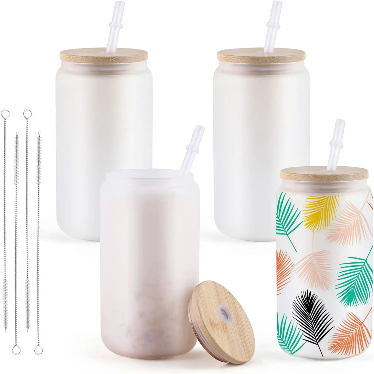 16OZ Glass Sublimation Tumblers 4/8 Pack Clear/Frosted Bamboo Lid