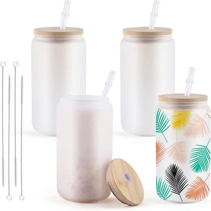16OZ Glass Sublimation Tumblers 4/8 Pack Clear/Frosted Bamboo Lid