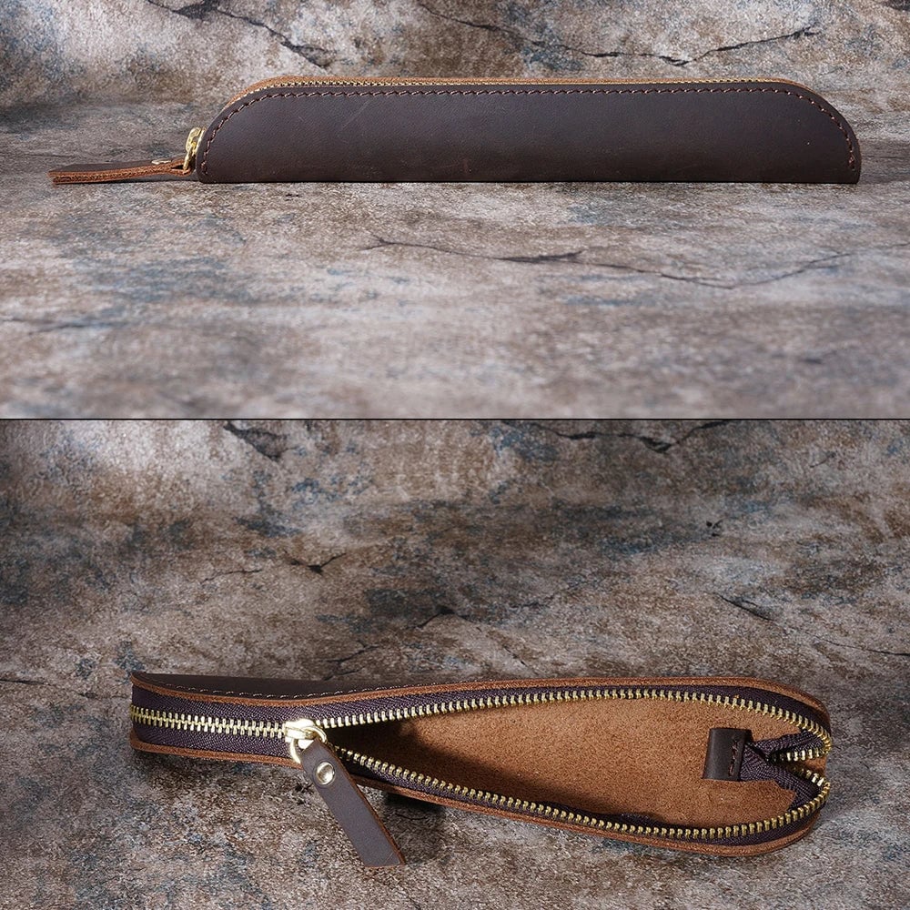 Handmade Cowhide Leather Single Pen Case Travel Protective Sheath