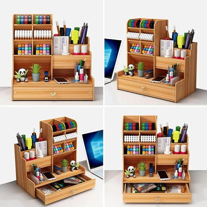 Large Wooden DIY Desk Organiser with Drawer - Multi-Compartment Pen