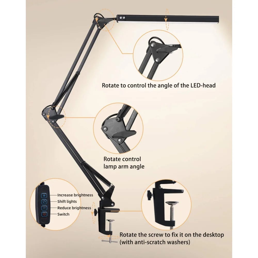 10W LED Clamp Desk Lamp - Swing Arm, 10 Brightness Levels, 3 Modes