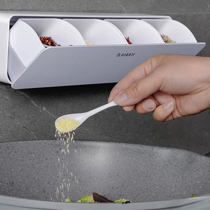 4 Grid Wall Mounted Spice Box Set - Salt Pepper Seasoning Storage