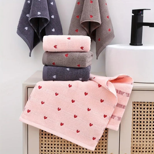 Quick-Dry Cotton Face Towels Heart Pattern Set 1-2pcs Absorbent