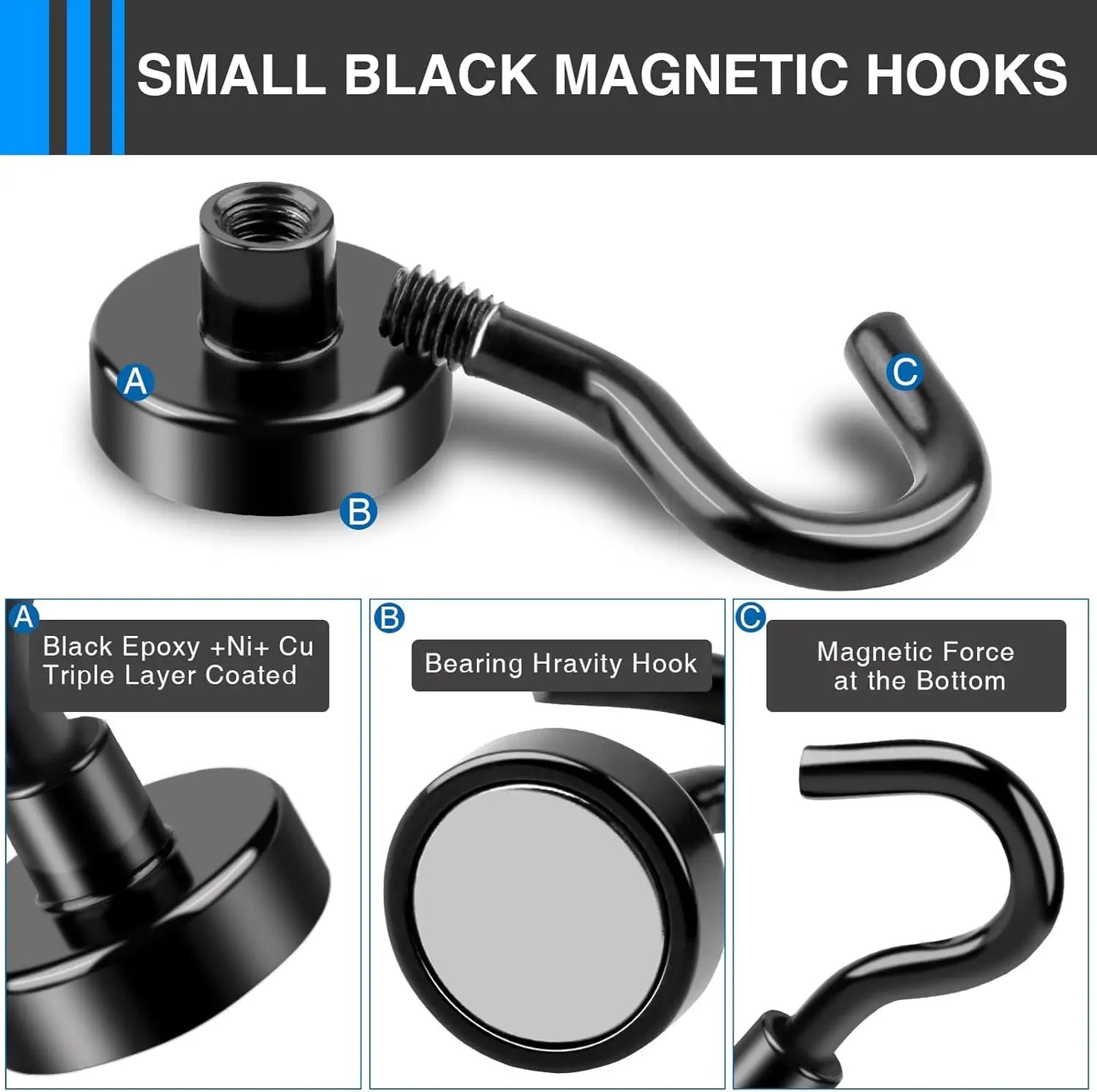 Heavy Duty Magnetic Hooks Black 4/6/8/12 Pack Home Office Hanging