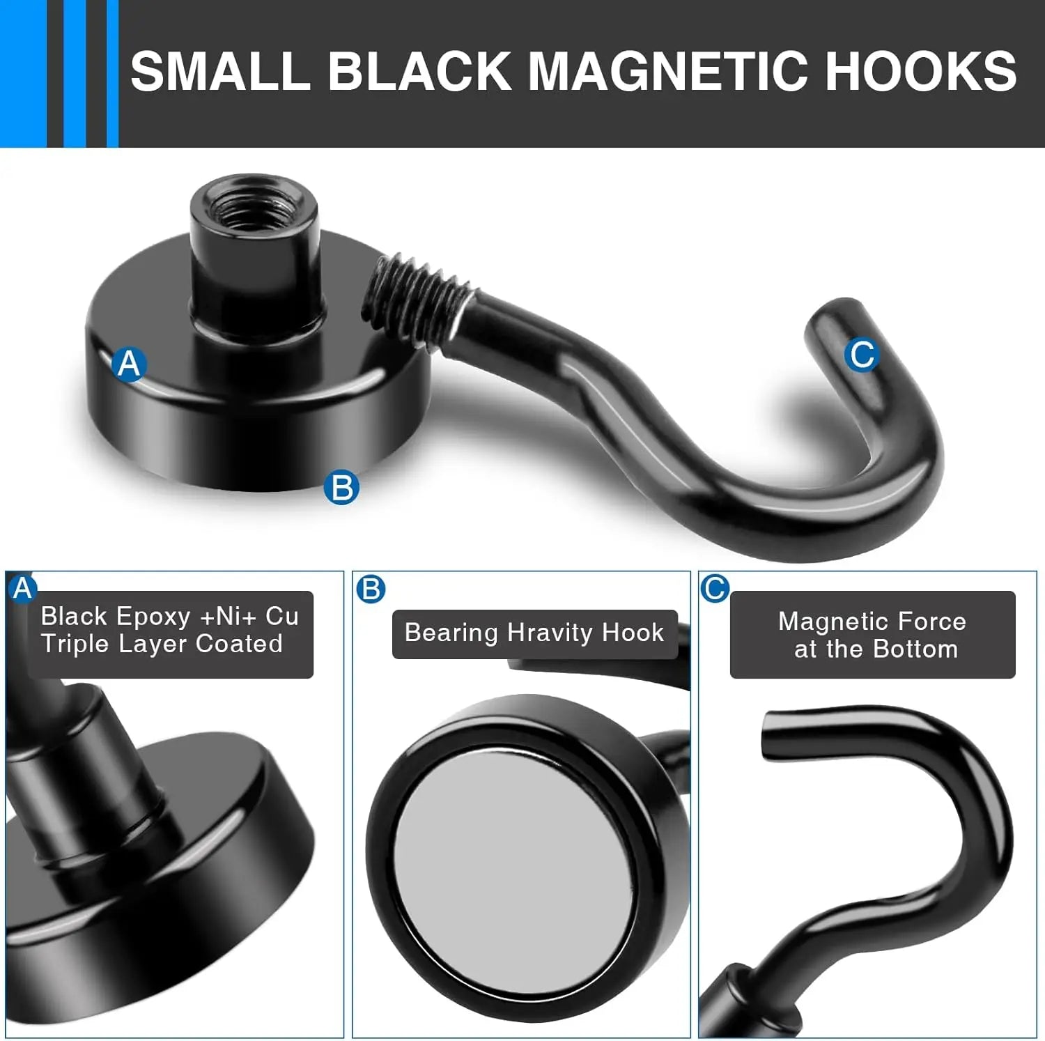 Heavy Duty Magnetic Hooks Black 4/6/8/12 Pack Home Office Hanging