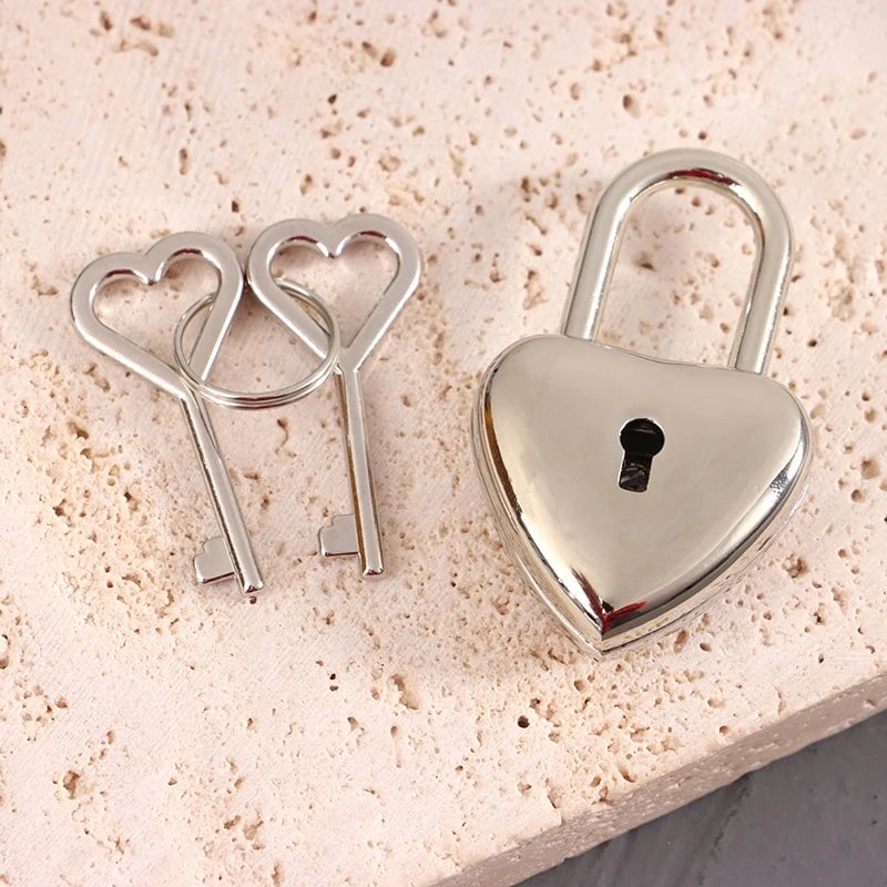 Silver Heart Mini Padlock with Key - Travel Luggage Jewelry Lock