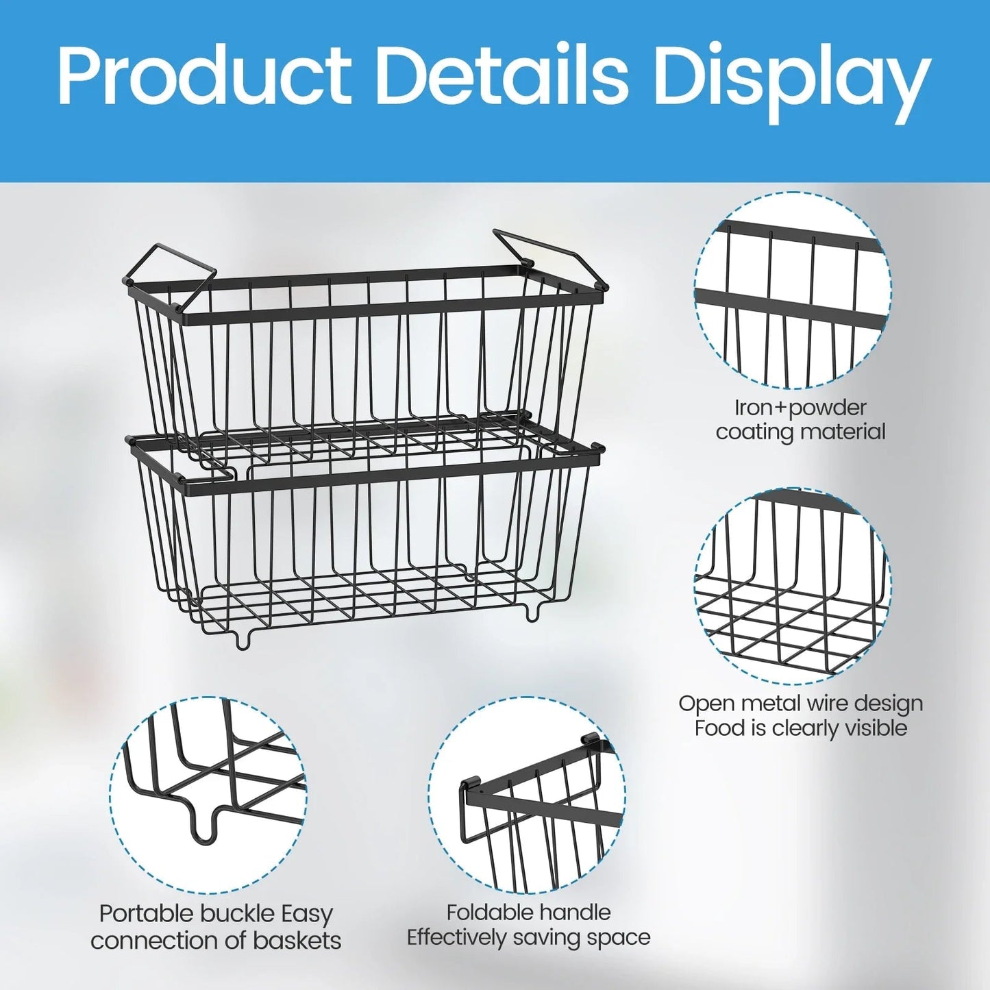 4Pcs Metal Chest Freezer Baskets Stackable Foldable Handles Storage