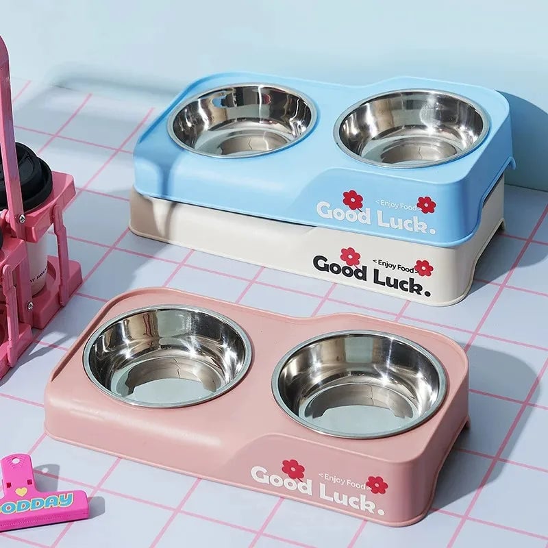 Stainless Steel Double Bowl Elevated Pet Feeder Non-Slip Foldable