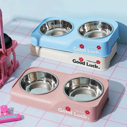 Stainless Steel Double Bowl Elevated Pet Feeder Non-Slip Foldable