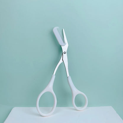 Pink Stainless Steel Eyebrow Scissors with Built-in Comb Precision Tool