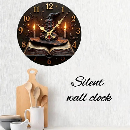 Wizard Hat Books Wooden Wall Clock Silent Round Home Decor