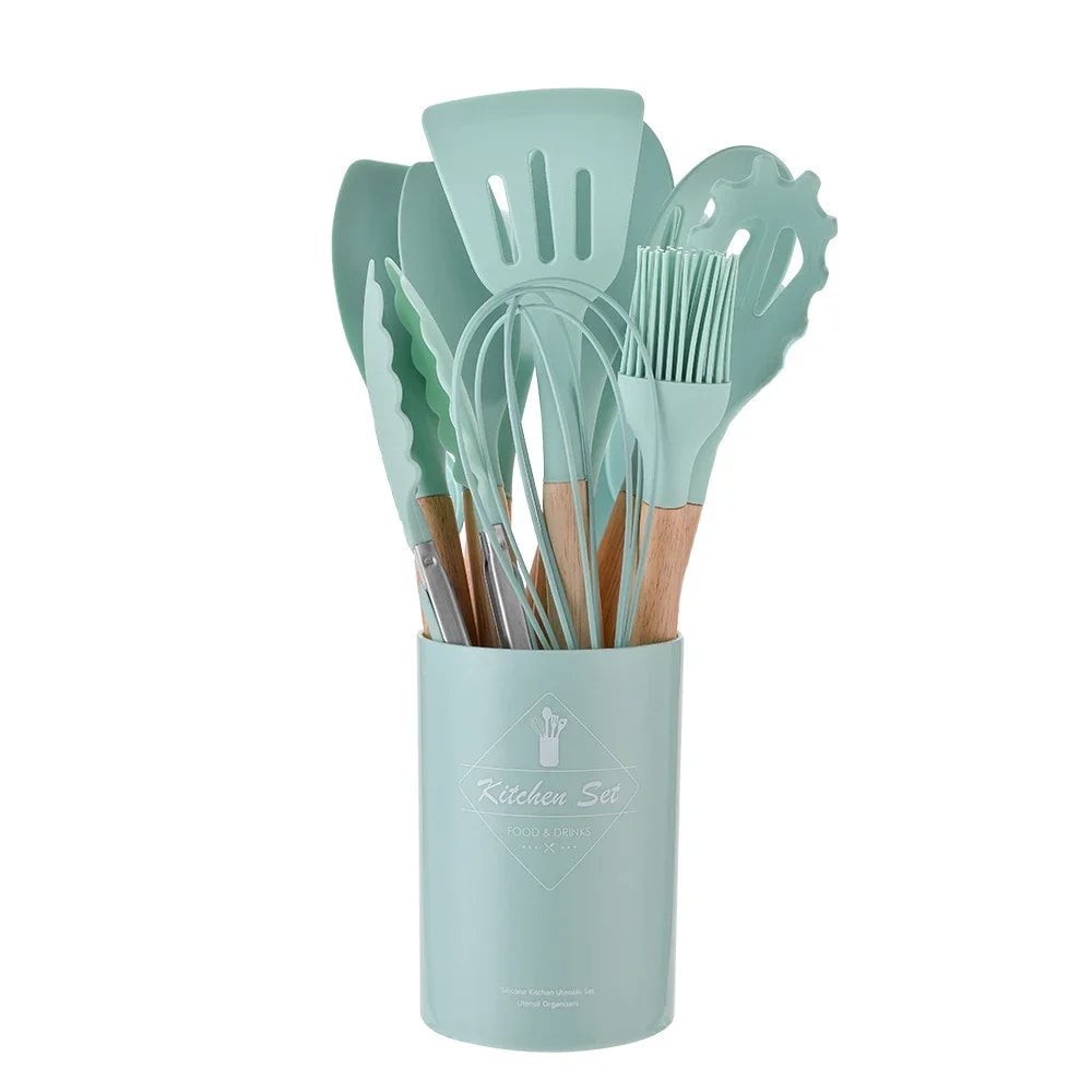 12PC Silicone Kitchen Utensils Set Non-Stick Wooden Handle Spatula