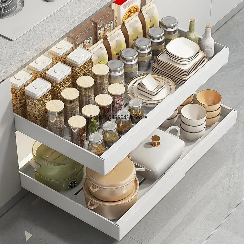 2Pc Pull Out Kitchen Storage Rack w/ Slide Rails Drawer Organizer